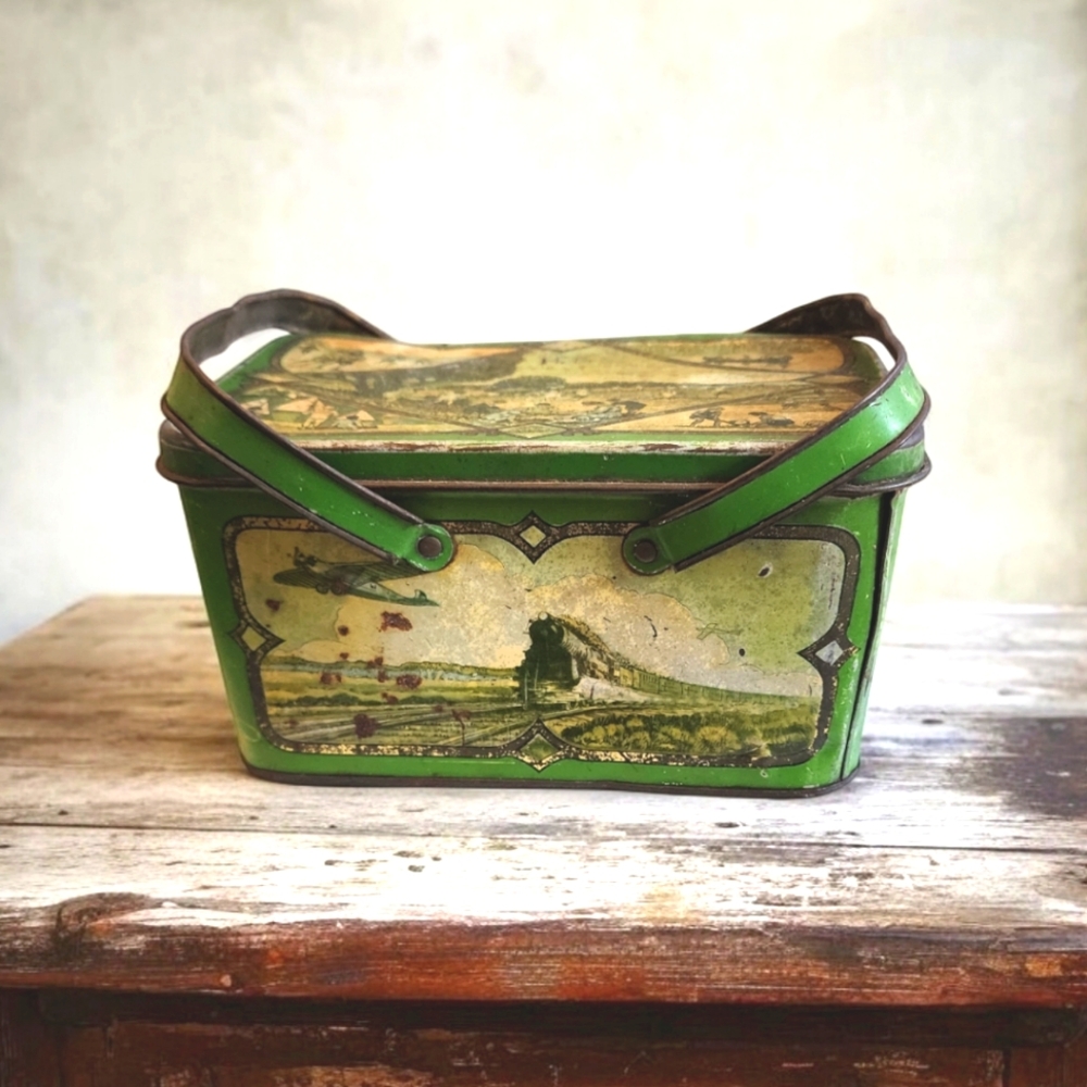 Antique 1920s Tin Litho Lunch Box Travel Transportation Art Deco Display Pail (B